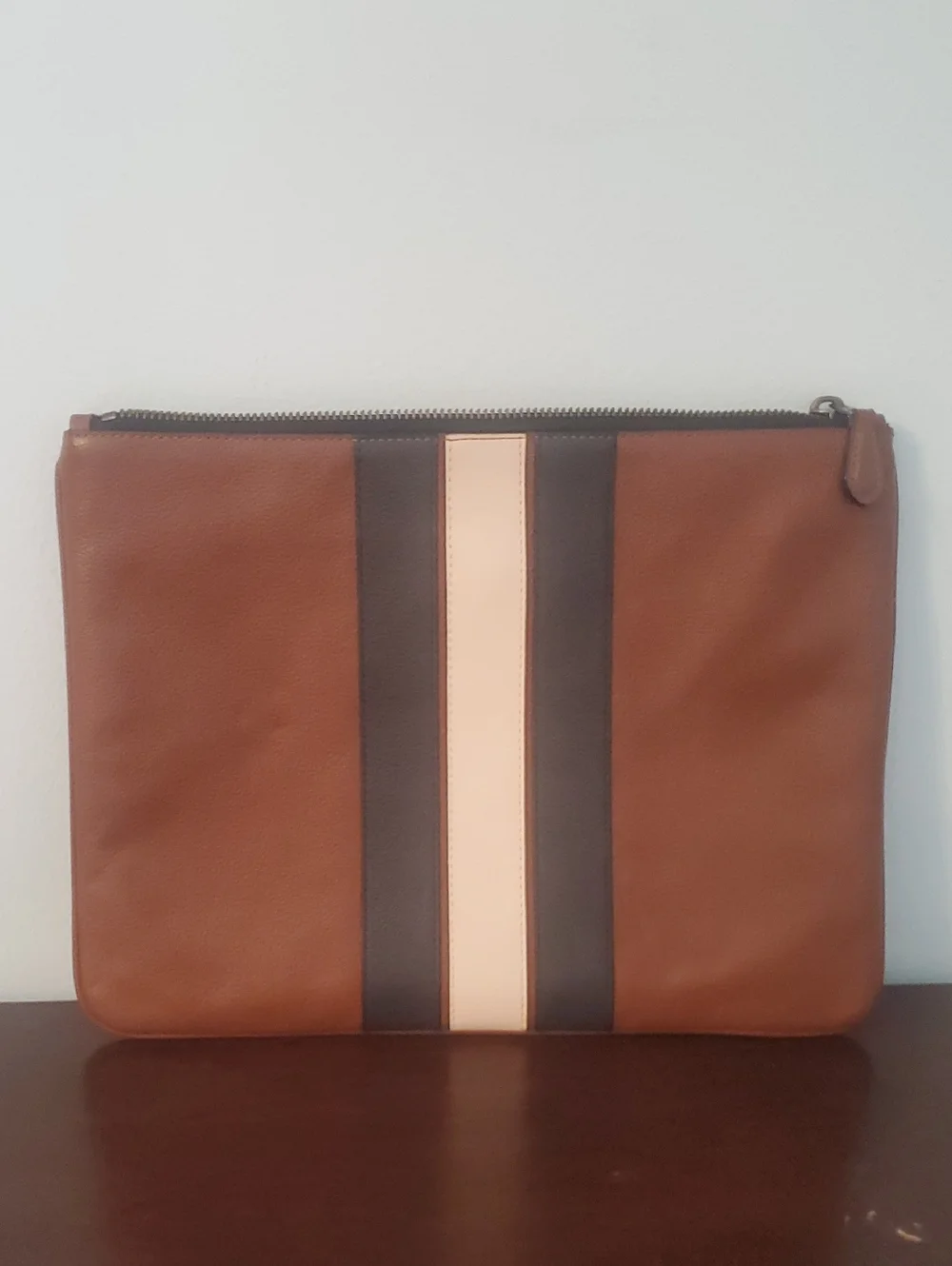 Coach Brown Leather Laptop Pouch with Navy and Cream Stripes